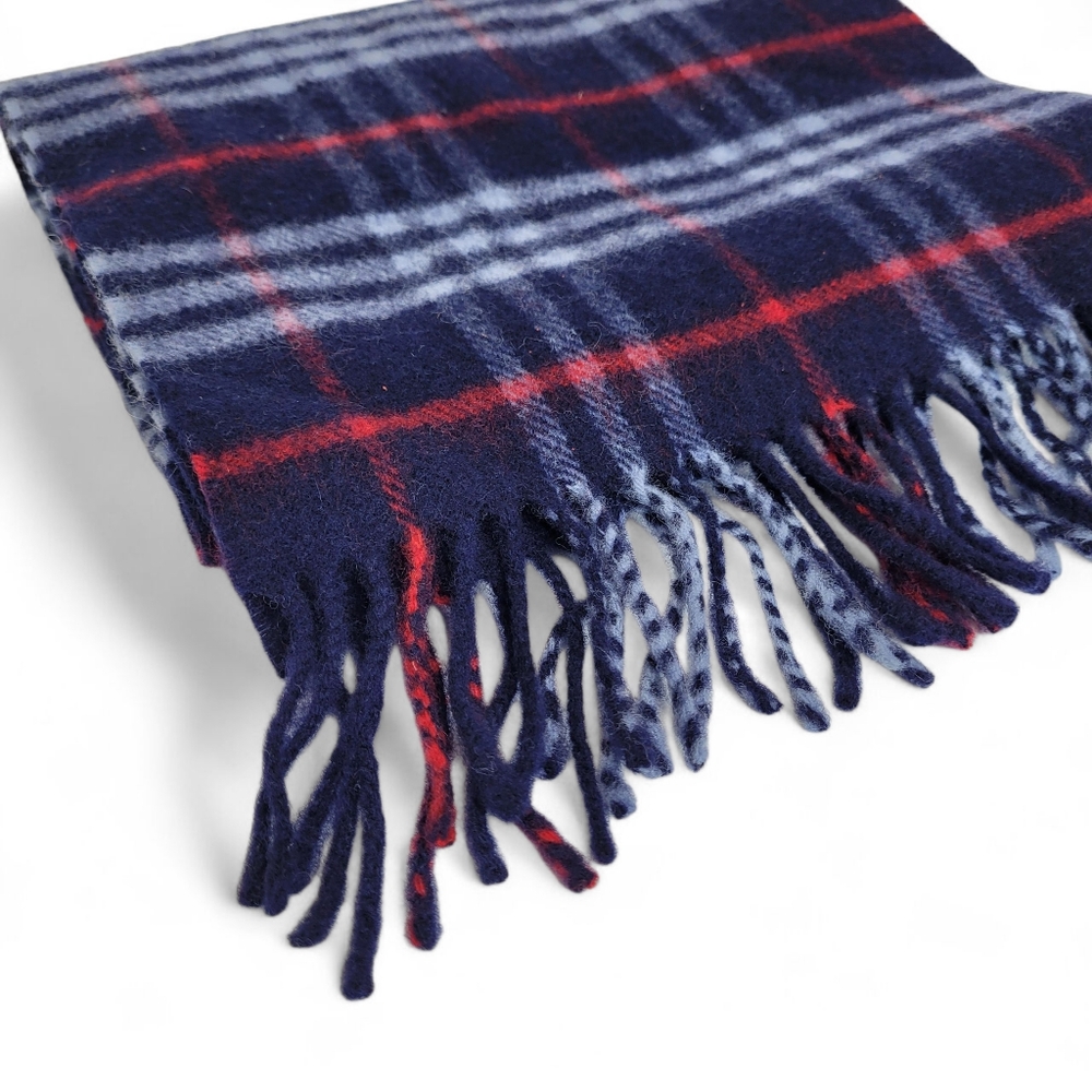 Burberry Lambswool Fringed Scarf Navy Blue Check Plaid - Picture 3 of 3